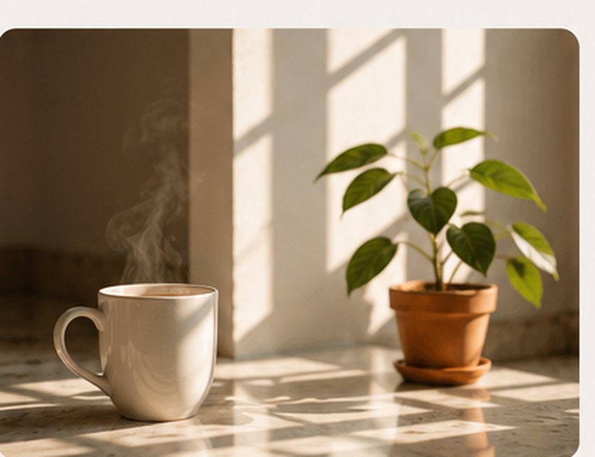 Kop thee en plant in zonlicht